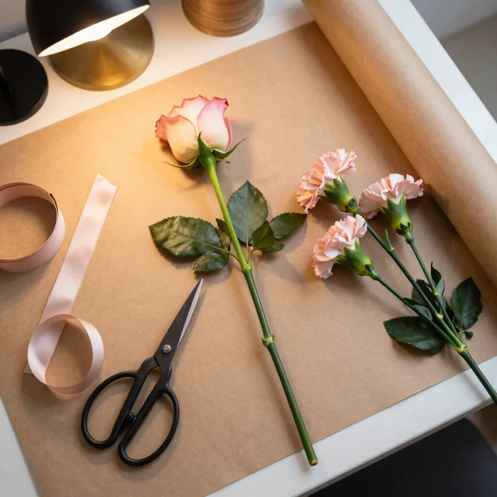 Perangkai bunga Bali Wahana Bali Flora menyusun rangkaian bunga di meja kerja florist
