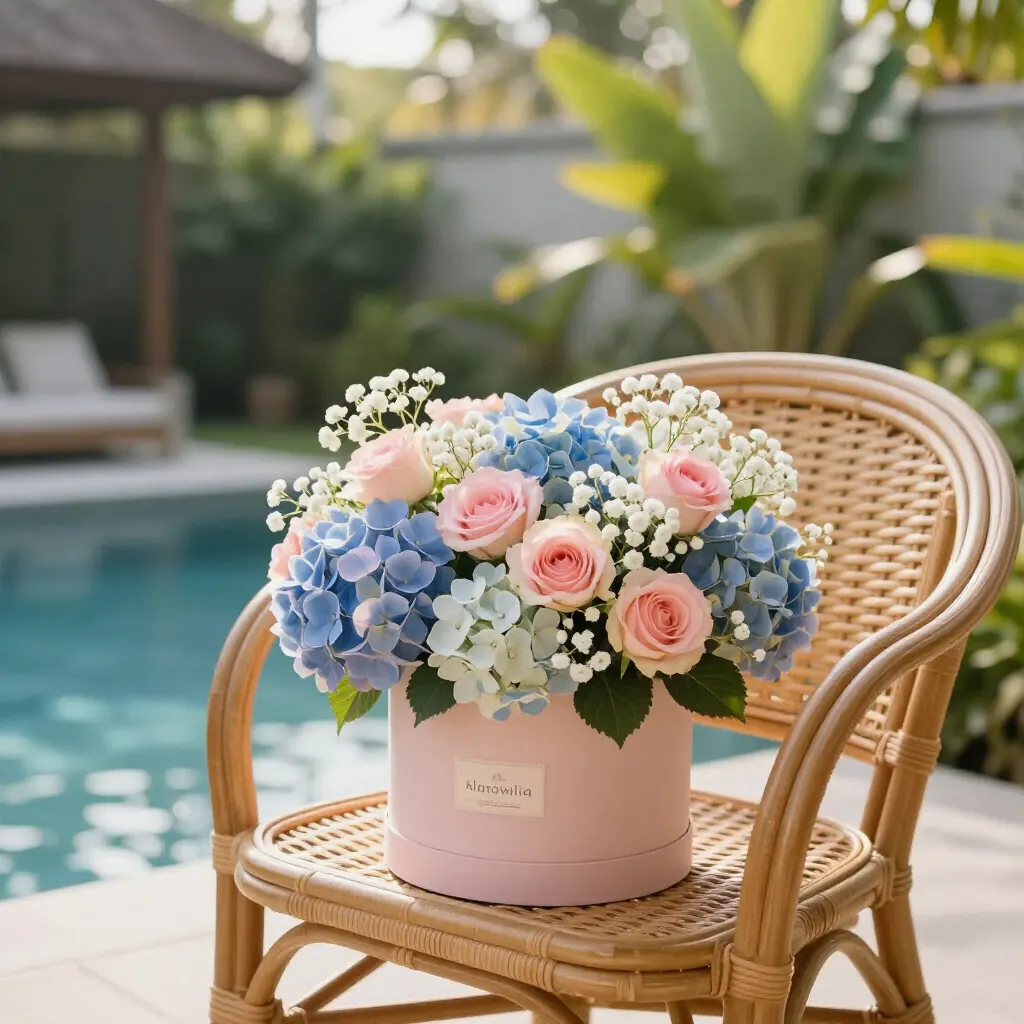Flower box Bali pastel di teras villa Bali oleh toko bunga Bali Wahana Bali Flora