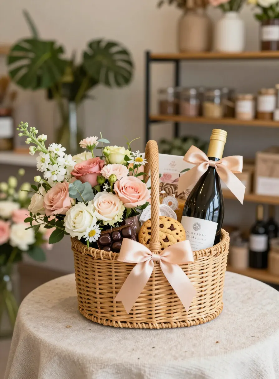 Hampers Bali berisi bunga segar cokelat dan hadiah pilihan dari Wahana Bali Flora
