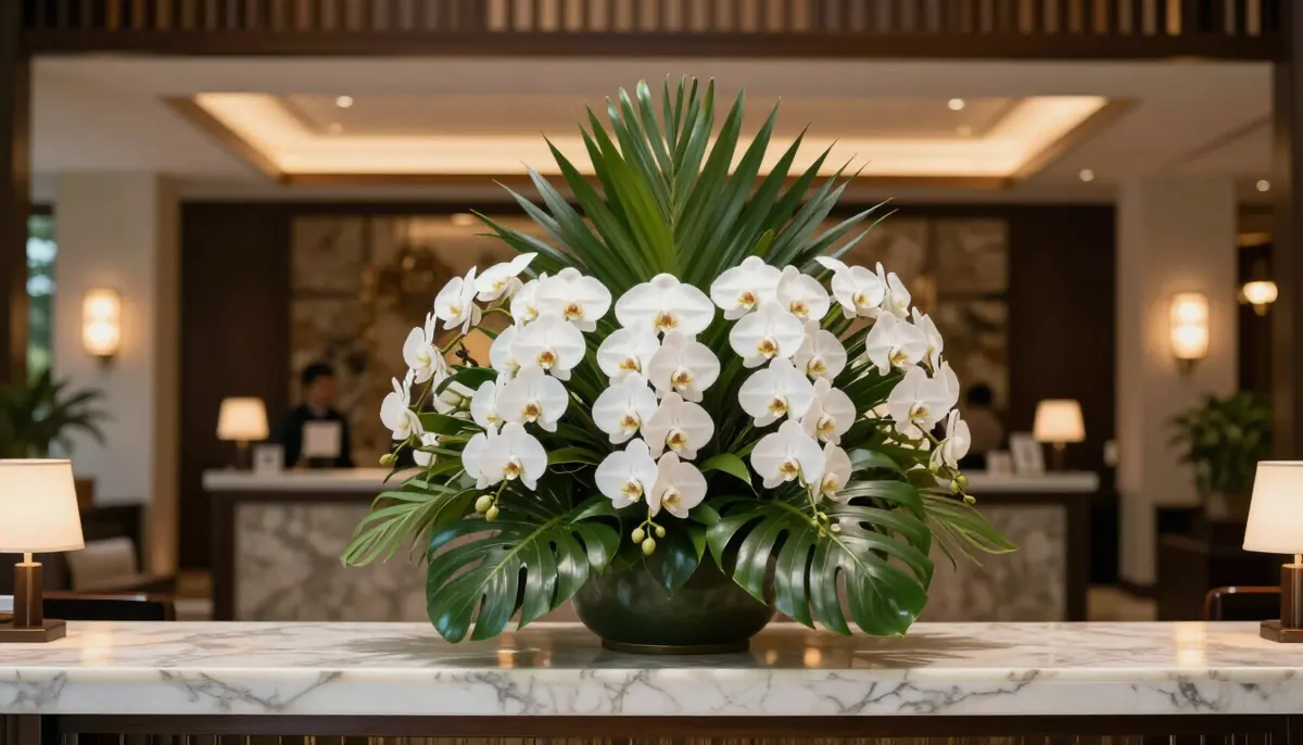 Bunga korporat Bali rangkaian anggrek putih di lobby hotel mewah oleh Wahana Bali Flora